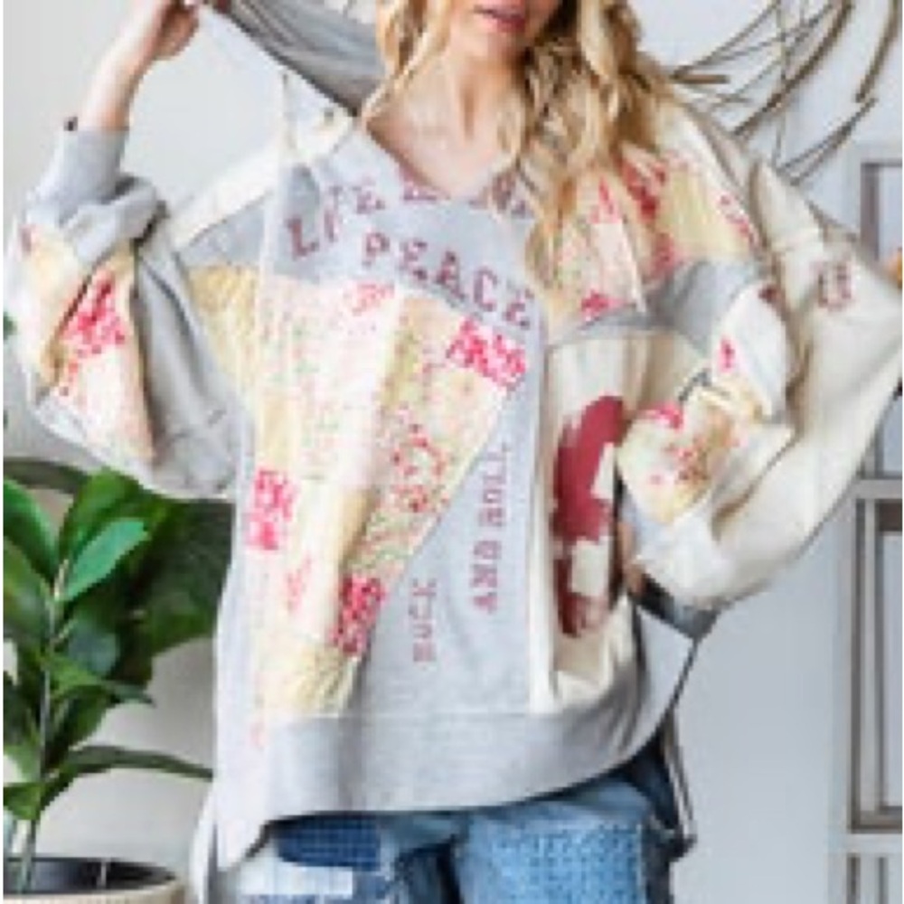 Oli & Hali Gray Hoodie Sweatshirt with Floral Patchwork